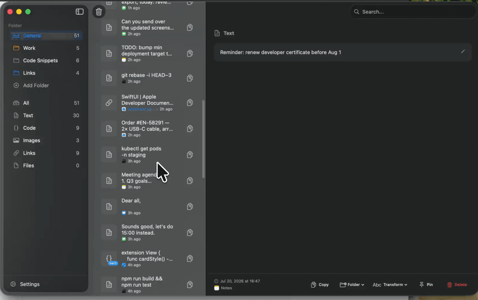 Recopy full window with folders, filters, and clipboard history in dark mode