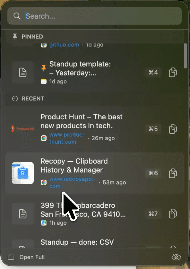 Recopy menu bar popover with pinned and recent clipboard items
